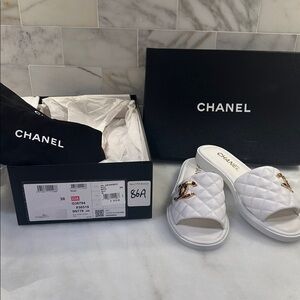 Chanel Shiny Goatskin & Metal White Mules MINT sz38